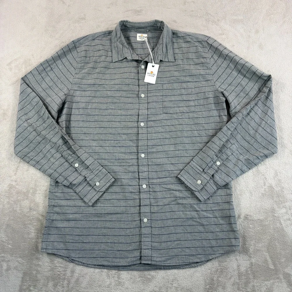 Marine Layer Lipton Shirt Men Larger Grey Blue Stripe Long Sleeve NWT $98 - Picture 3 of 10